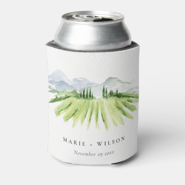Elegant Rustic Winery Vineyard Mountain Wedding Can Cooler (Can Back)