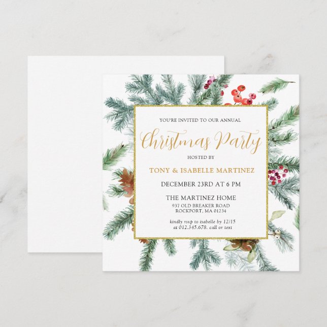 Elegant Rustic Winter Botanical Christmas Party Invitation (Front/Back)