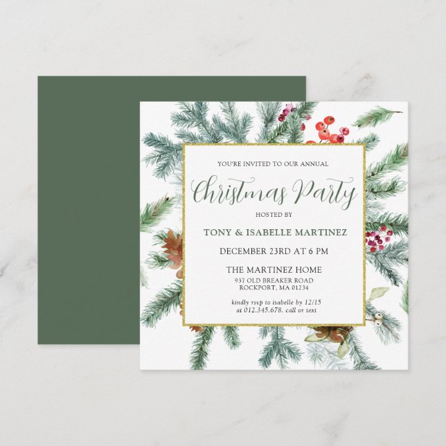 Elegant Rustic Winter Botanical Christmas Party Invitation (Front/Back)