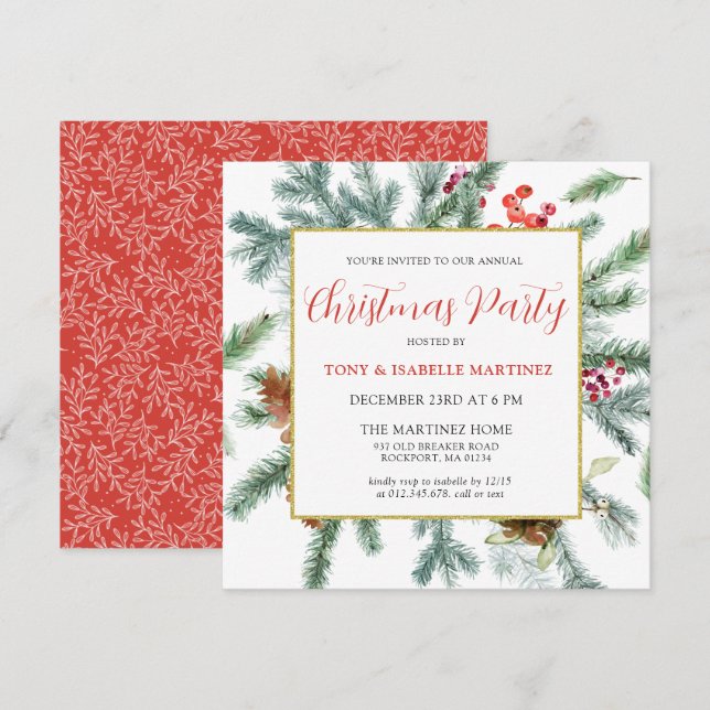 Elegant Rustic Winter Botanical Christmas Party Invitation (Front/Back)