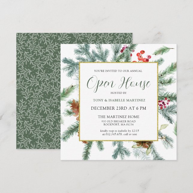 Elegant Rustic Winter Botanical Open House Invitation (Front/Back)