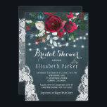 Elegant rustic winter floral lace bridal shower invitation<br><div class="desc">Winter rustic bridal shower party stylish invitation template on a dark navy blue chalkboard featuring a beautiful red wine burgundy and white peony roses bouquet with hunter green seasonal foliage, strings of white twinkle lights, lace corners, and a chic calligraphy script. Easy to personalise with your details! The invitation is...</div>