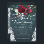 Elegant rustic winter floral lace bridal shower invitation<br><div class="desc">Winter rustic bridal shower party stylish invitation template on a dark navy blue chalkboard featuring a beautiful red wine burgundy and white peony roses bouquet with hunter green seasonal foliage, strings of white twinkle lights, lace corners, and a chic calligraphy script. Easy to personalise with your details! The invitation is...</div>