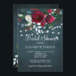 Elegant rustic winter peony roses bridal shower invitation<br><div class="desc">Rustic winter seasonal bridal shower party stylish invitation template on a dark midnight blue chalkboard featuring a beautiful red wine burgundy and white peony roses bouquet with hunter pine green foliage, strings of white twinkle lights, and a chic calligraphy script. Easy to personalise with your details! The invitation is suitable...</div>