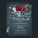 Elegant rustic winter peony roses bridal shower invitation<br><div class="desc">Rustic winter seasonal bridal shower party stylish invitation template on a dark midnight blue chalkboard featuring a beautiful red wine burgundy and white peony roses bouquet with hunter pine green foliage, strings of white twinkle lights, and a chic calligraphy script. Easy to personalise with your details! The invitation is suitable...</div>