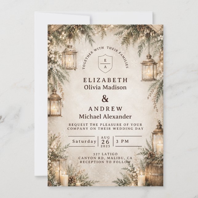 Elegant Rustic Winter Wedding Invitation (Front)