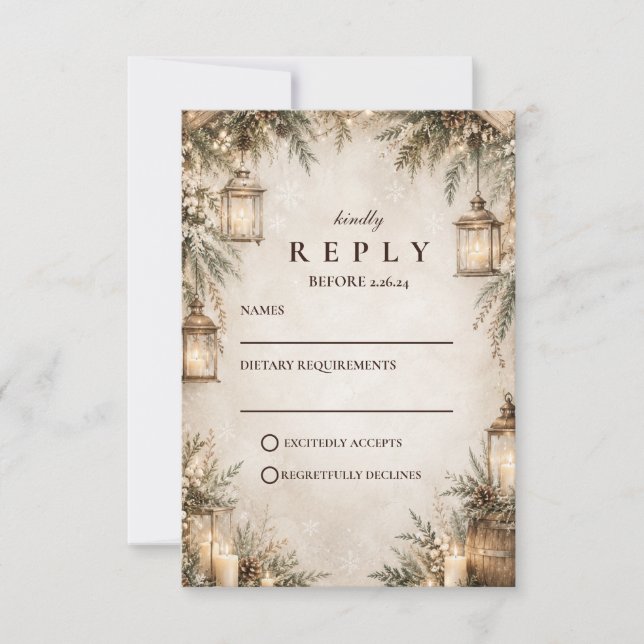 Elegant Rustic Winter Wedding RSVP Card (Front)