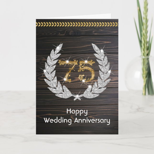 Elegant Rustic Wood 75th Wedding Anniversary  Card (Front)
