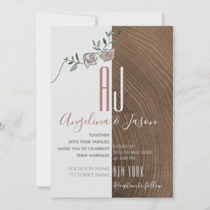 Elegant Rustic Wood and Dusty Rose Floral Wedding Invitation