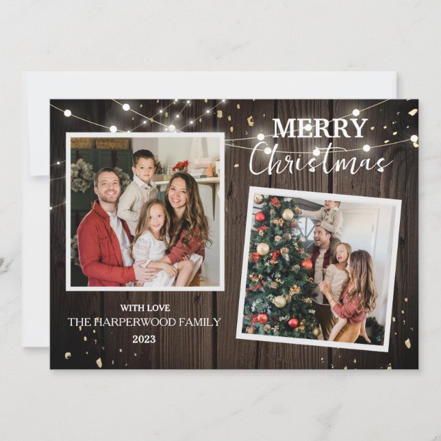 Elegant Rustic Wood Christmas Family 2 Photo Holiday Card (Front)