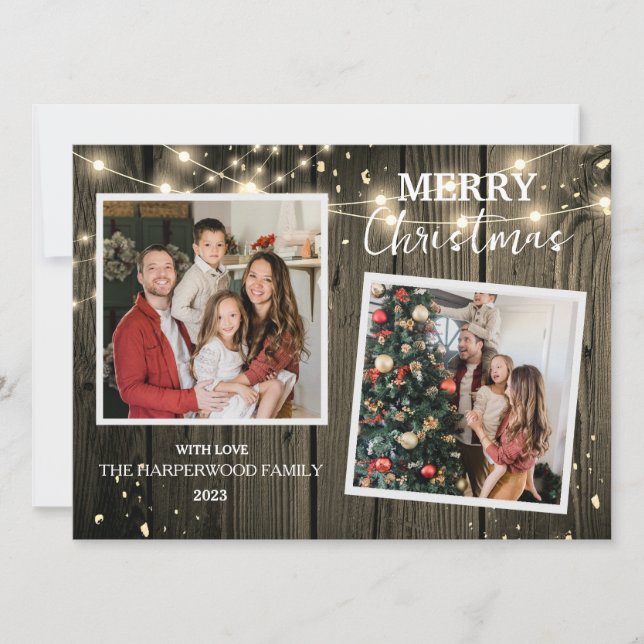 Elegant Rustic Wood Christmas Family 2 Photo Holiday Card (Front)