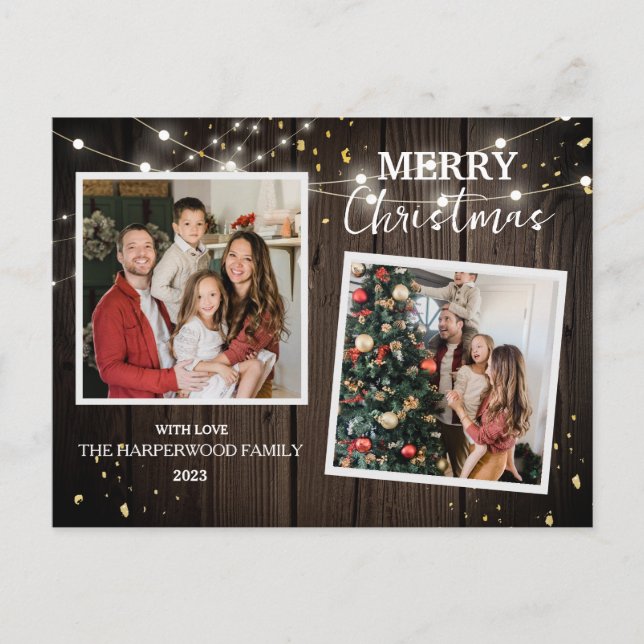 Elegant Rustic Wood Christmas Family 2 Photo Holiday Postcard (Front)
