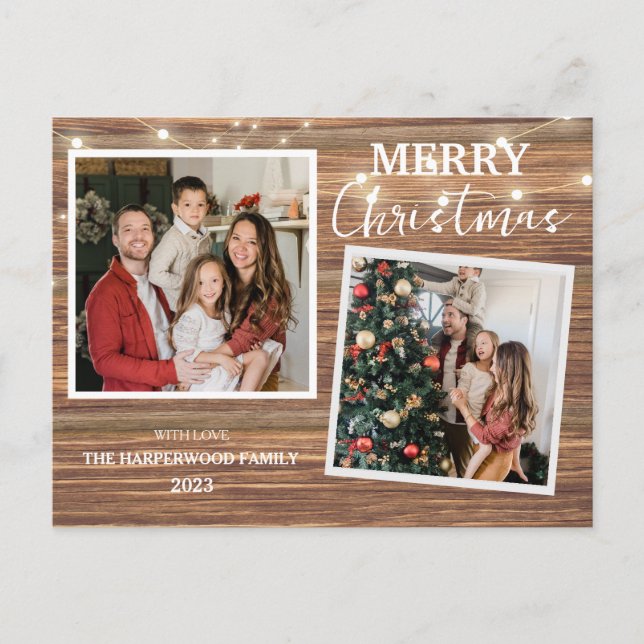 Elegant Rustic Wood Christmas Family 2 Photo Holiday Postcard (Front)