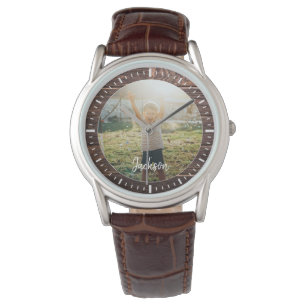 Elegant Rustic Wood Custom Name Photo Watch