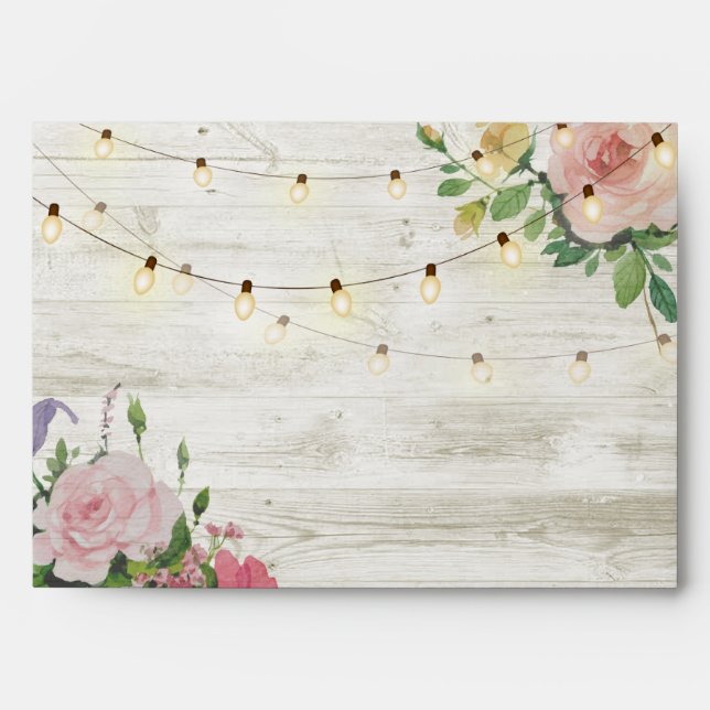 Elegant Rustic Wood Floral String Lights Wedding Envelope (Front)