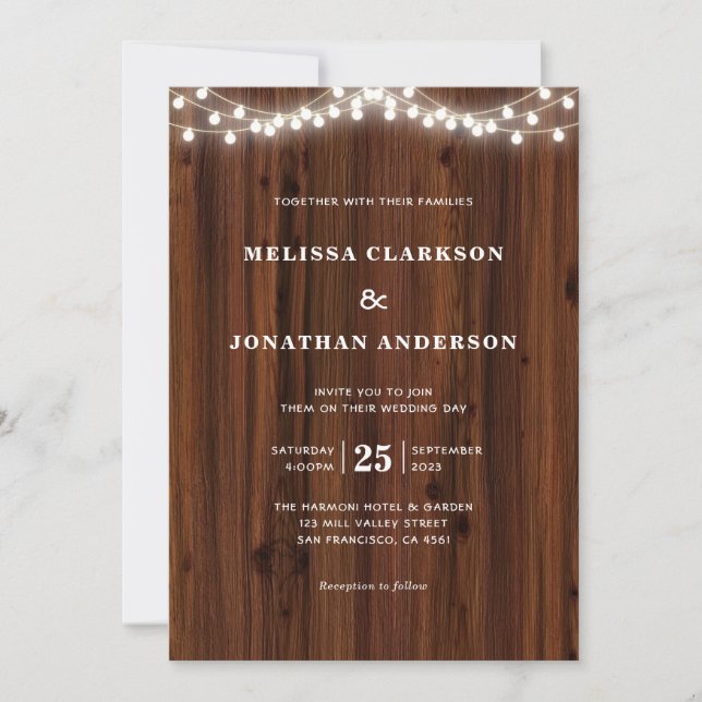 Elegant Rustic Wood Glowing String Lights Wedding Invitation (Front)