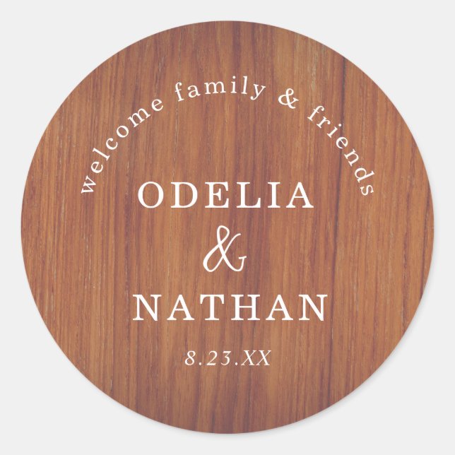 Elegant Rustic Wood Grain Texture Arched Wedding Classic Round Sticker (Front)