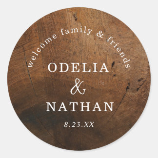 Elegant Rustic Wood Grain Texture Arched Wedding Classic Round Sticker