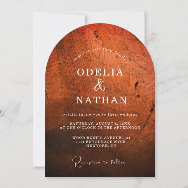 Elegant Rustic Wood Grain Texture Arched Wedding Invitation (Front)