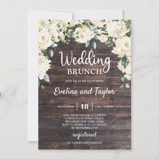 Elegant rustic wood greenery white floral roses invitation (Front)
