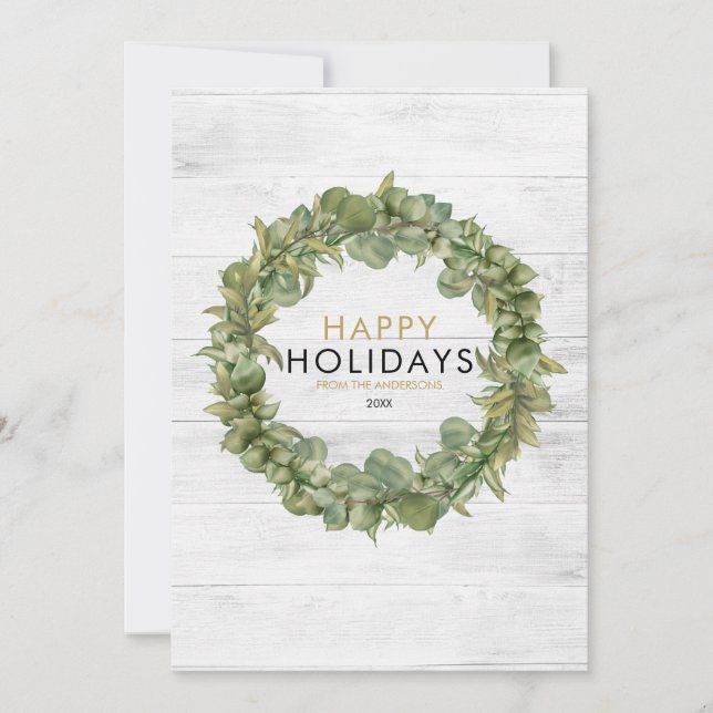 Elegant Rustic Wood Greenery Wreath Christmas Holiday Card (Front)