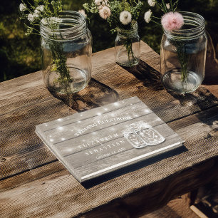 Elegant Rustic Wood Mason Jar String Light Wedding Guest Book