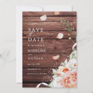 Elegant & Rustic Wood & Peach Floral Save the Date