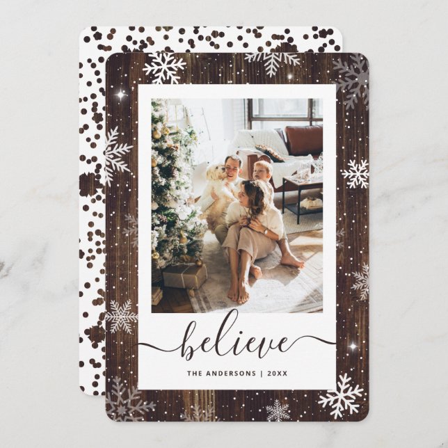 Elegant Rustic Wood Photo Snowflake Holiday Card (Front/Back)