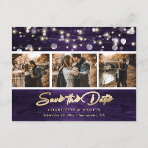 Elegant Rustic Wood Purple Gold Foil Wedding Photo Announcement Postcard