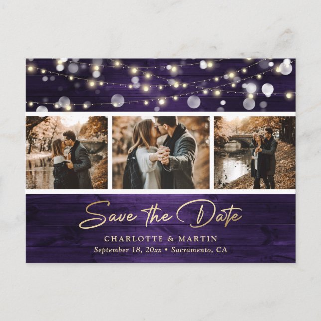 Elegant Rustic Wood Purple Gold Foil Wedding Photo Announcement Postcard (Front)