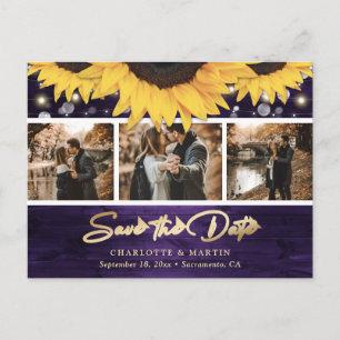 Elegant Rustic Wood Purple Sunflower Wedding Photo Announcement Postcard