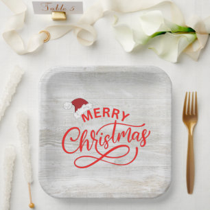 Elegant rustic wood red calligraphy with santa hat paper plate