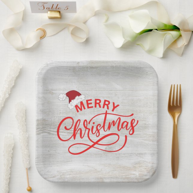 Elegant rustic wood red calligraphy with santa hat paper plate (Wedding)