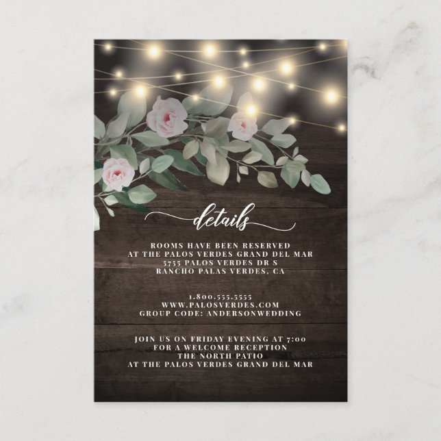 Elegant Rustic Wood String Lights Greenery Enclosure Card (Front)