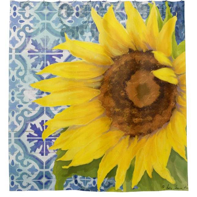 Elegant Rustic Wood Sunflower Floral Tile Pattern Shower Curtain (Front)