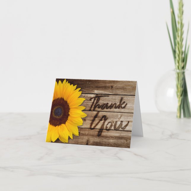 Elegant Rustic Wood Sunflower Thank You Cards (Front)