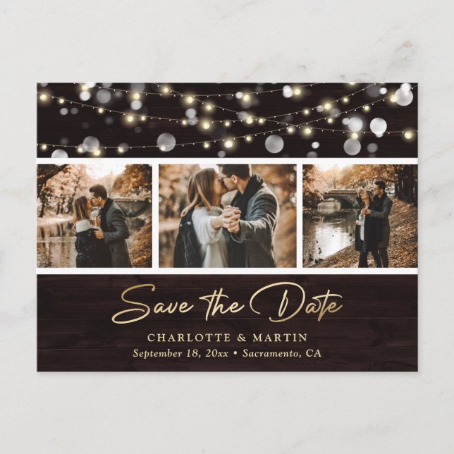 Elegant Rustic Wood Wedding 3 Photo Save The Date Announcement Postcard (Front)