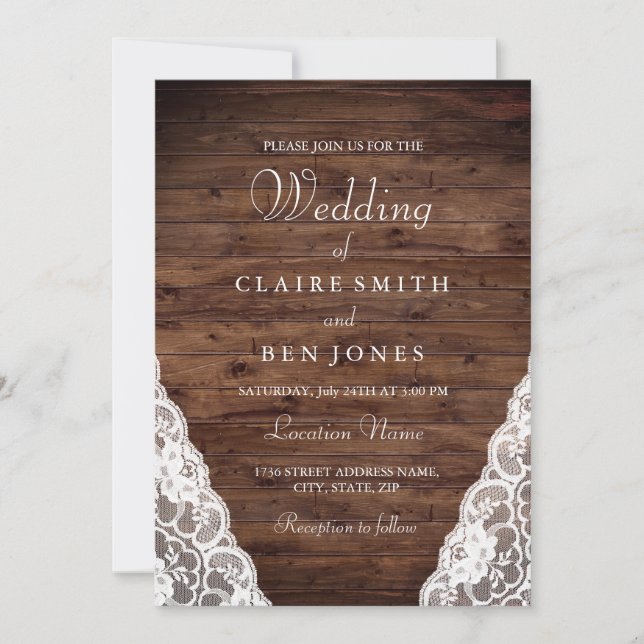 Elegant Rustic Wood White Lace Wedding Invite (Front)