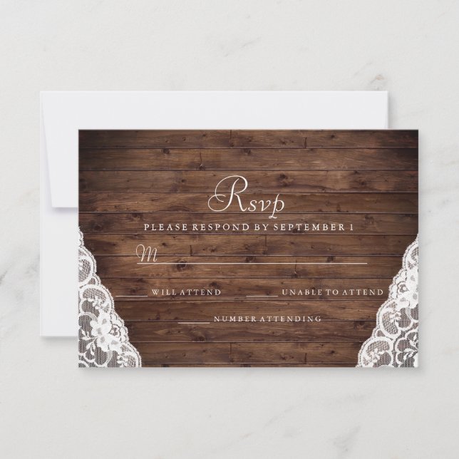 Elegant Rustic Wood White Lace Wedding RSVP (Front)