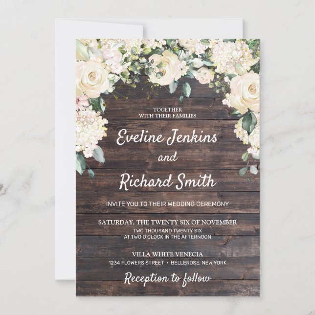 Elegant rustic wood white roses greenery wedding invitation (Front)