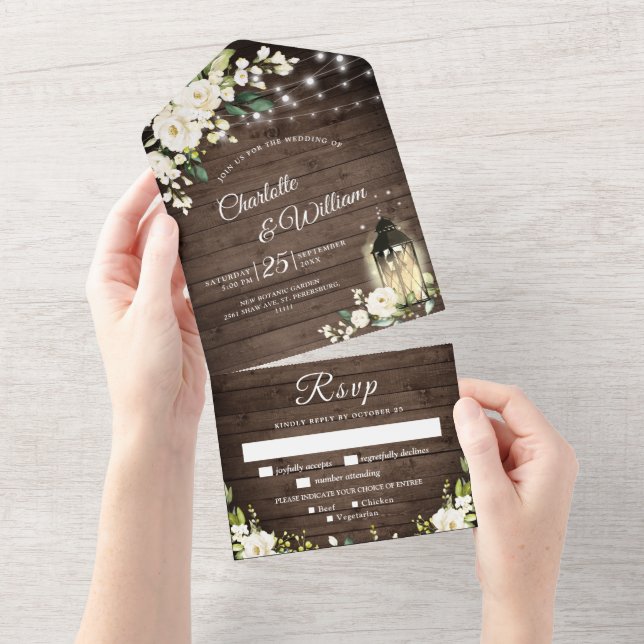 Elegant Rustic Wood White Roses Wedding All In One Invitation (Tearaway)
