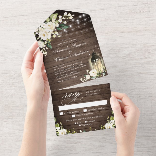 Elegant Rustic Wood White Roses Wedding All In One Invitation (Tearaway)