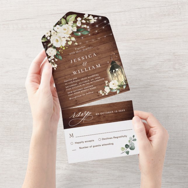 Elegant Rustic Wood White Roses Wedding All In One Invitation (Tearaway)