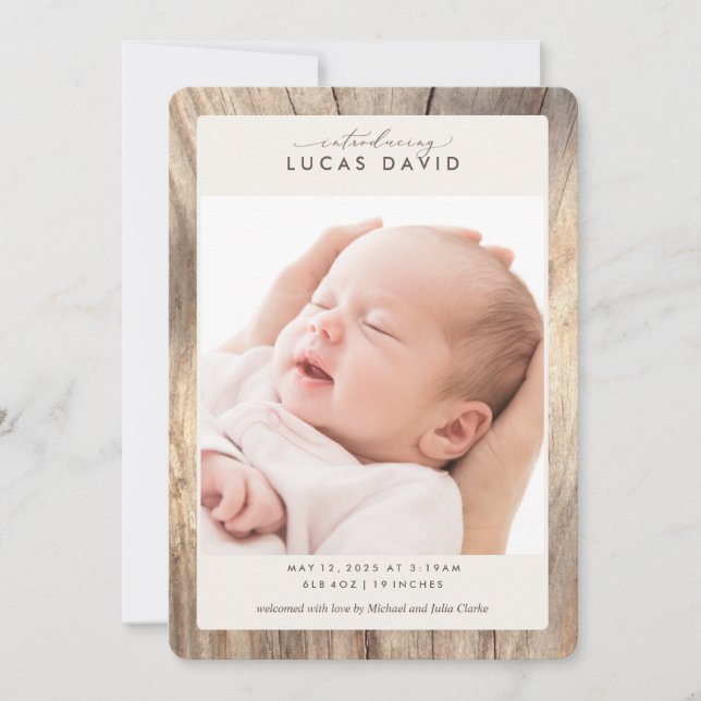 Elegant Rustic Woodgrain Photo Birth Announcement (Front)