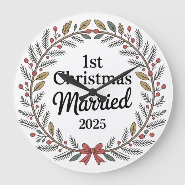  Elegant Rustic Wreath | 1st Christmas Married  Large Clock (Front)