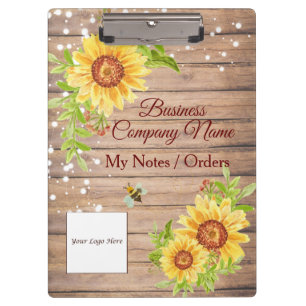 Elegant Rustic Yellow Sunflower Custom Business Clipboard