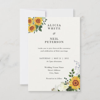 Elegant Rustic Yellow Sunflower & Wildflowers Invitation