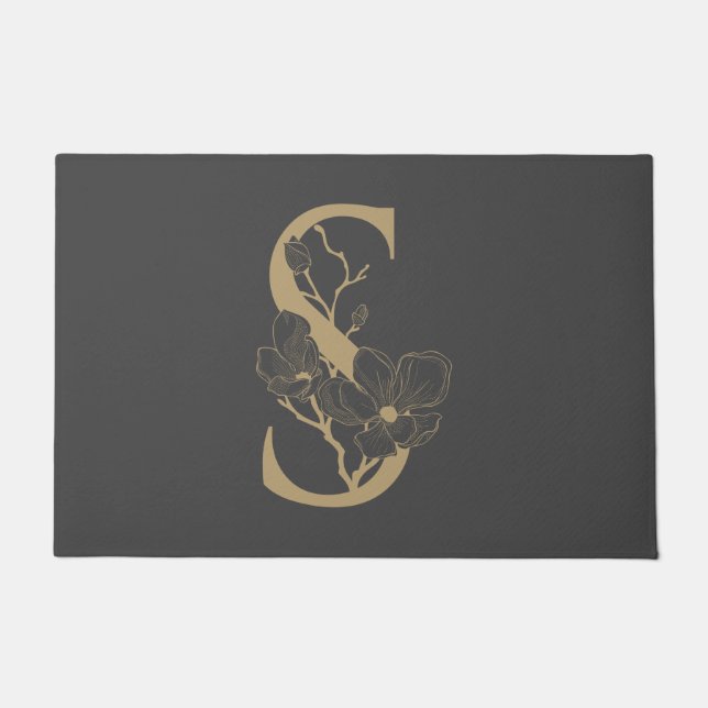 Elegant S Boho Floral Monogram Initial Grey Gold Doormat (Front)