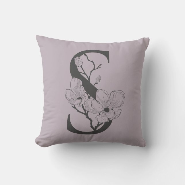 Elegant S Boho Floral Monogram Initial Lilac Grey Cushion (Front)