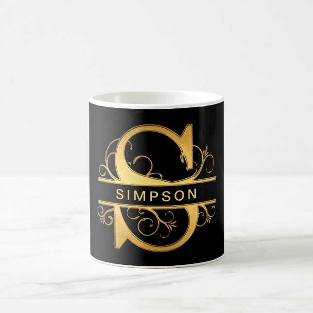 Elegant "S" Monogram Personalised Name Black Gold Coffee Mug (Center)